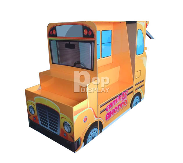 Cardboard school bus shaped paper pallet display