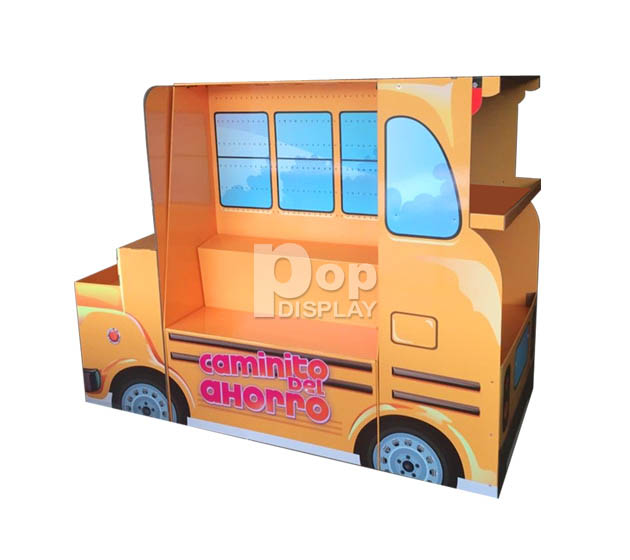 Cardboard school bus shaped paper pallet display