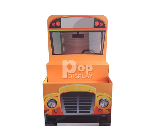 Cardboard school bus shaped paper pallet display