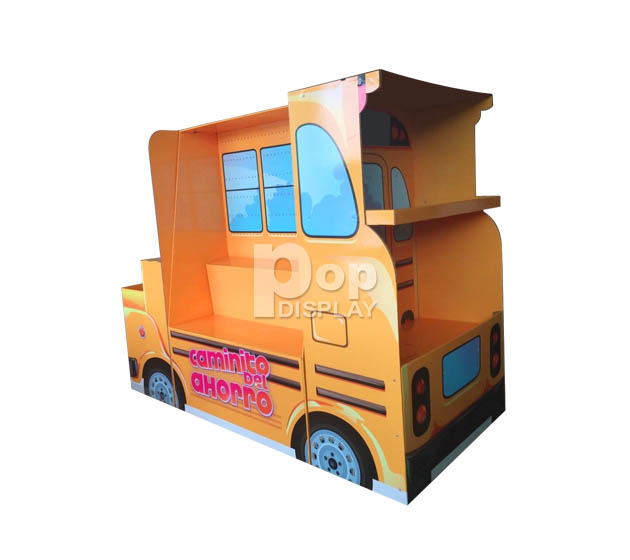 Cardboard school bus shaped paper pallet display