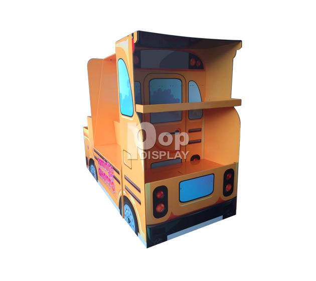 Cardboard school bus shaped paper pallet display